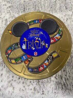 Mattel Gold and Blue Disney Trivia Tin with Filmstrip Art- Full game set